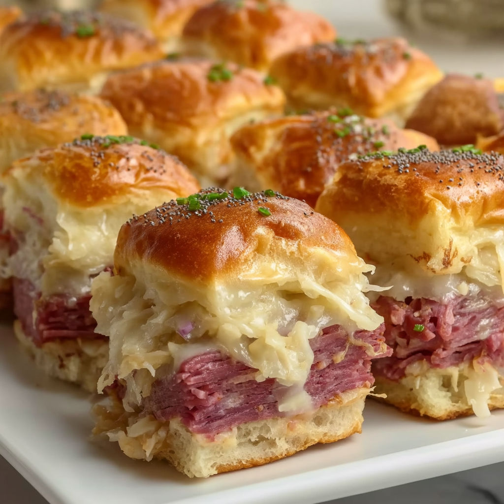 A plate of Reuben Corned Beef Sliders.