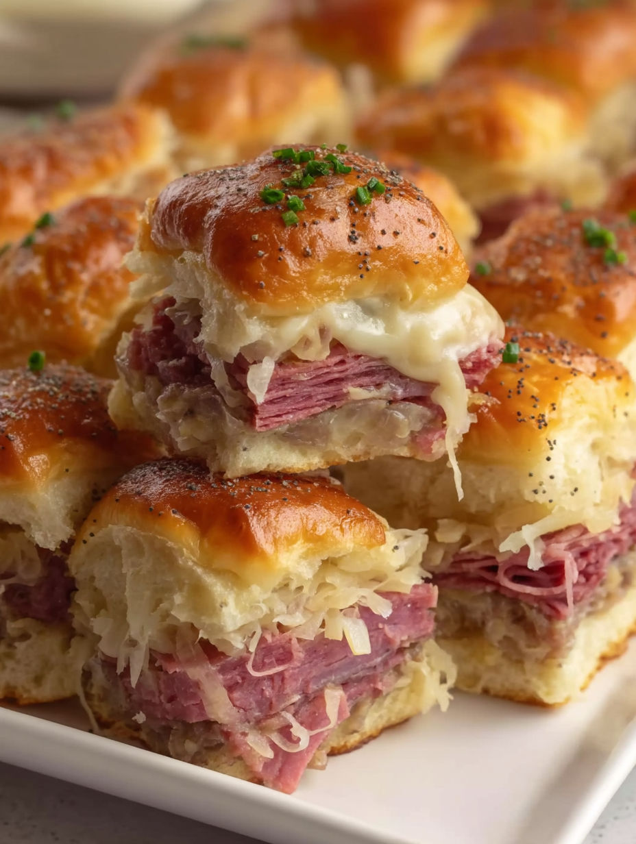 A plate of Reuben Corned Beef Sliders.