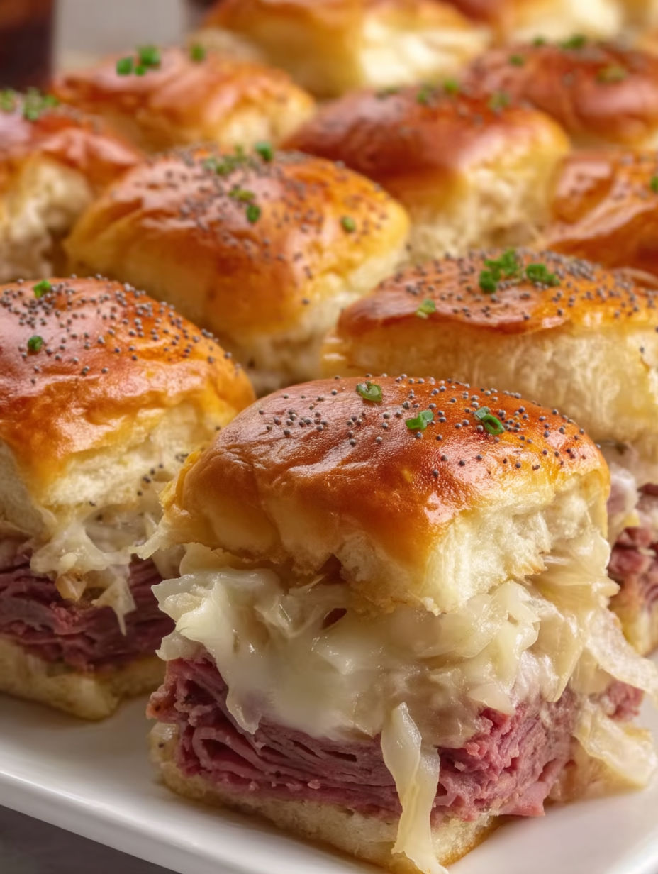 A plate of corned beef sliders with sesame seeds on top.