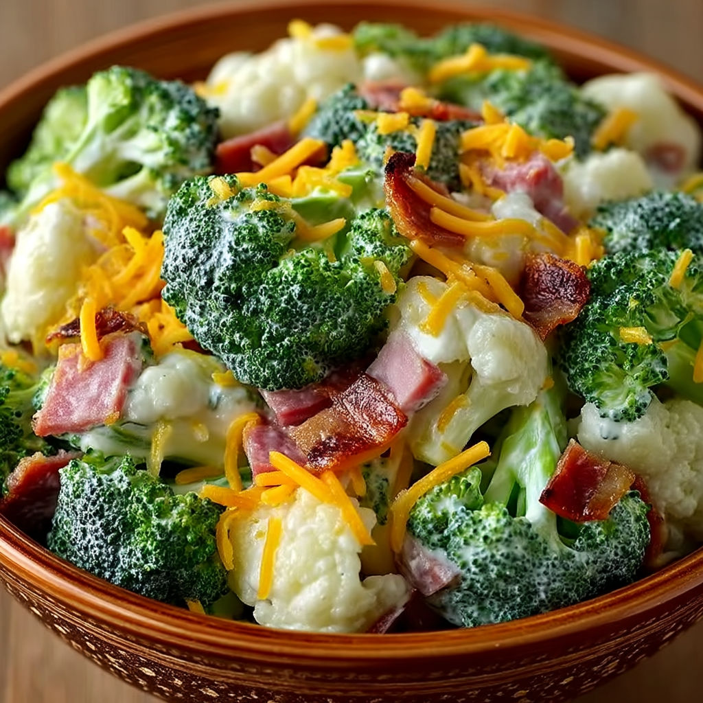 A bowl of broccoli and cauliflower salad with bacon.