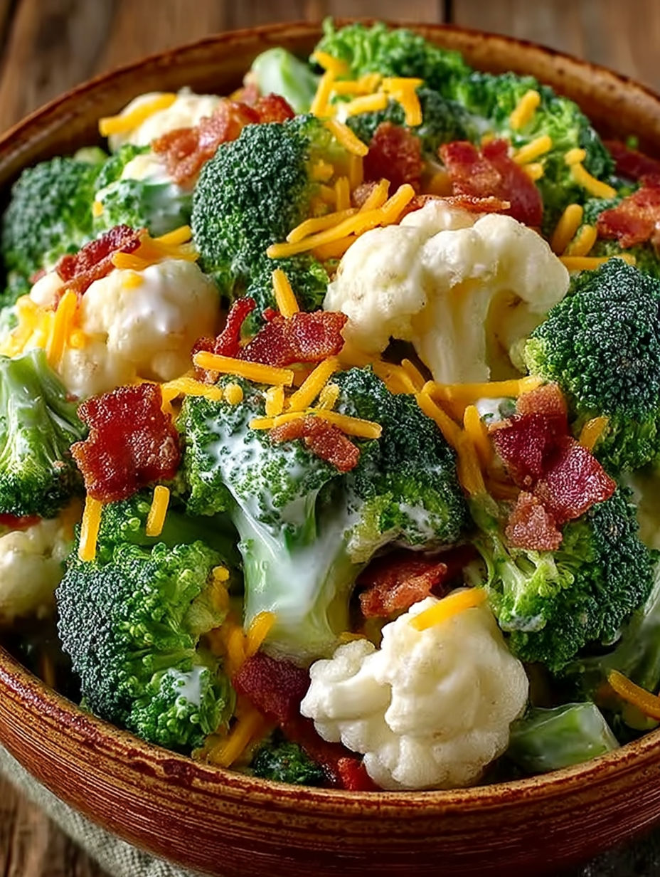 A bowl of broccoli and cauliflower with bacon.
