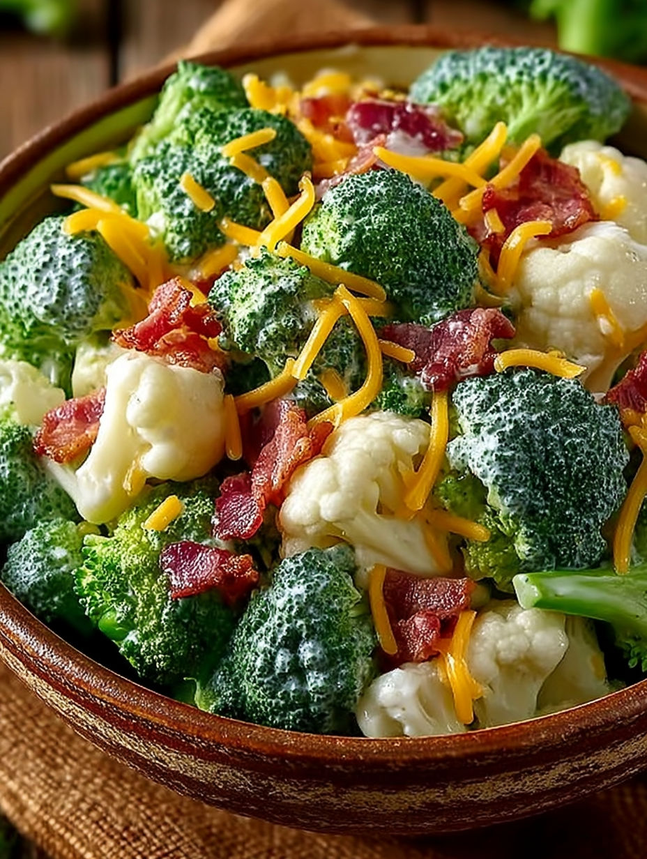 A bowl of broccoli and cauliflower with bacon.