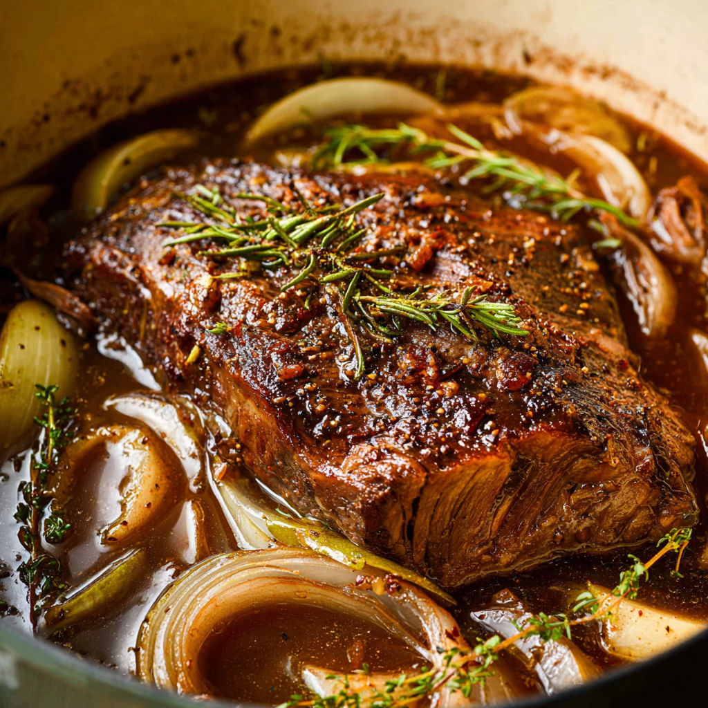 A close up of a pork shoulder in a pot.