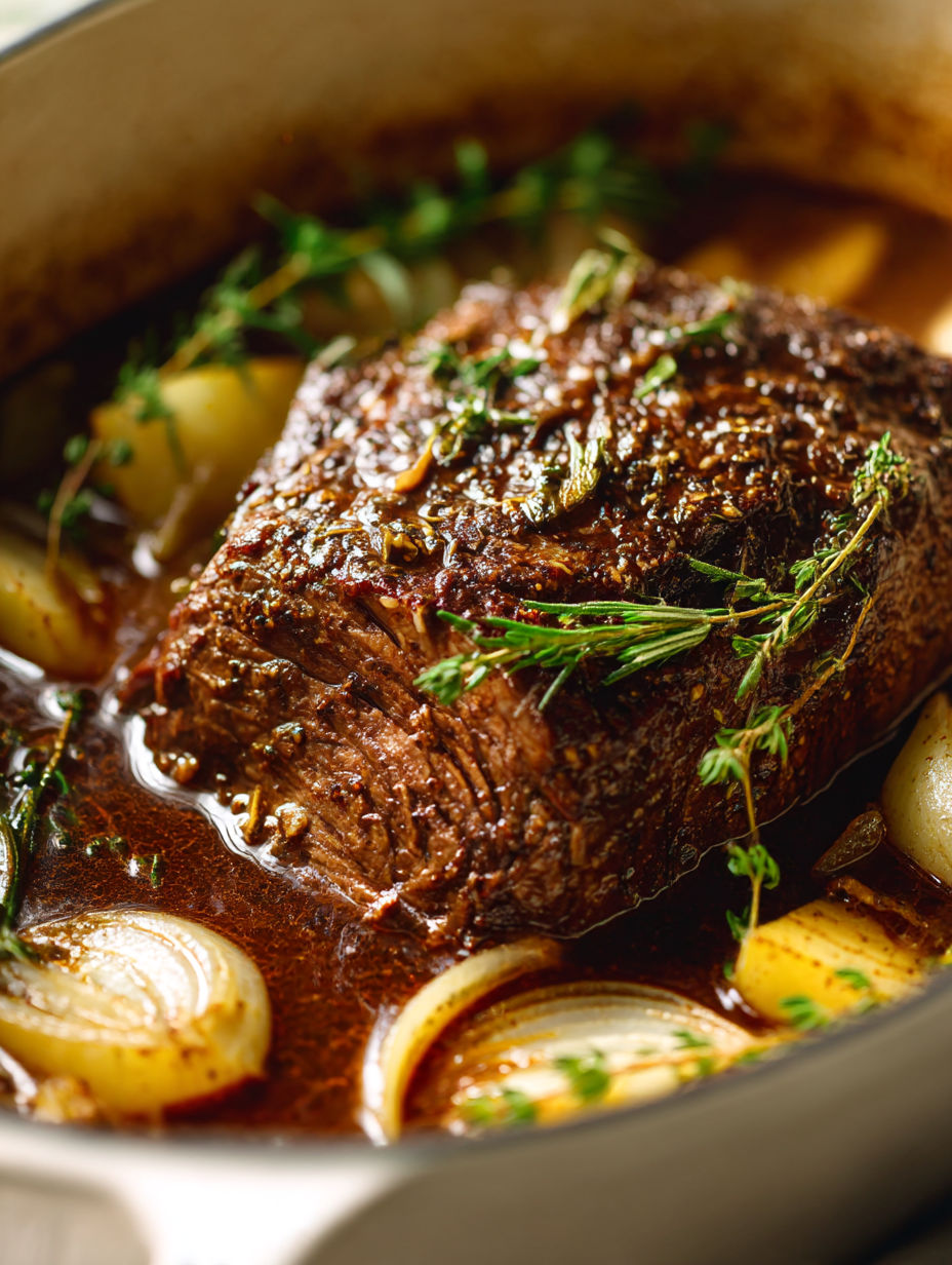 A close up of a pork shoulder in a stew.