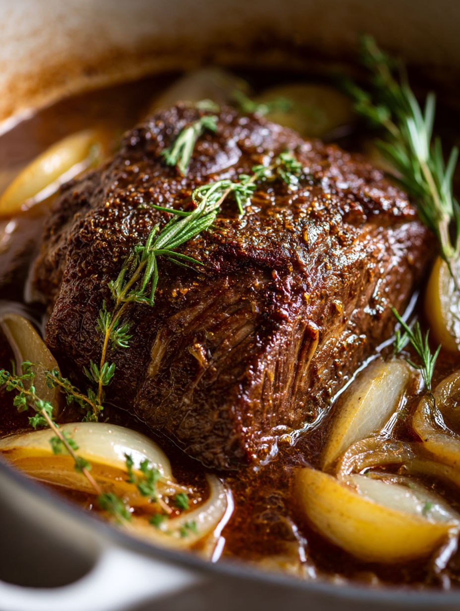 A close up of a pork shoulder in a stew.