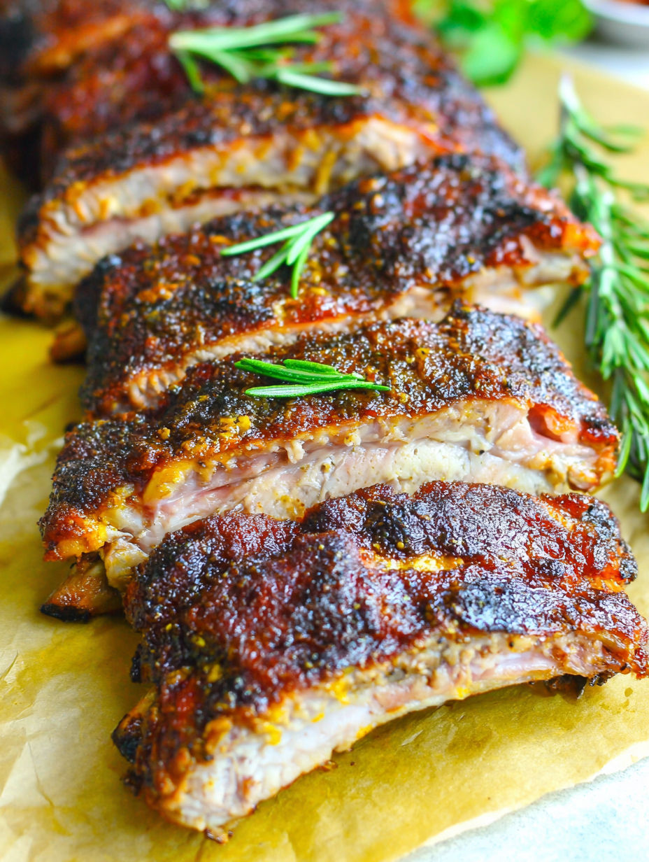 A close up of ribs on a grill with herbs on top.