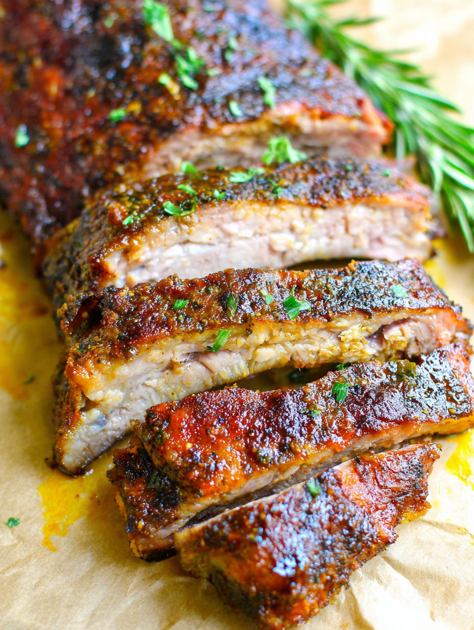 A close up of a pile of ribs on a grill.