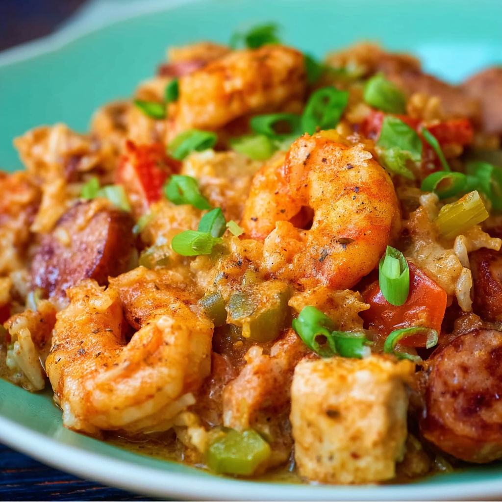 A plate of shrimp jambalaya with green onions.