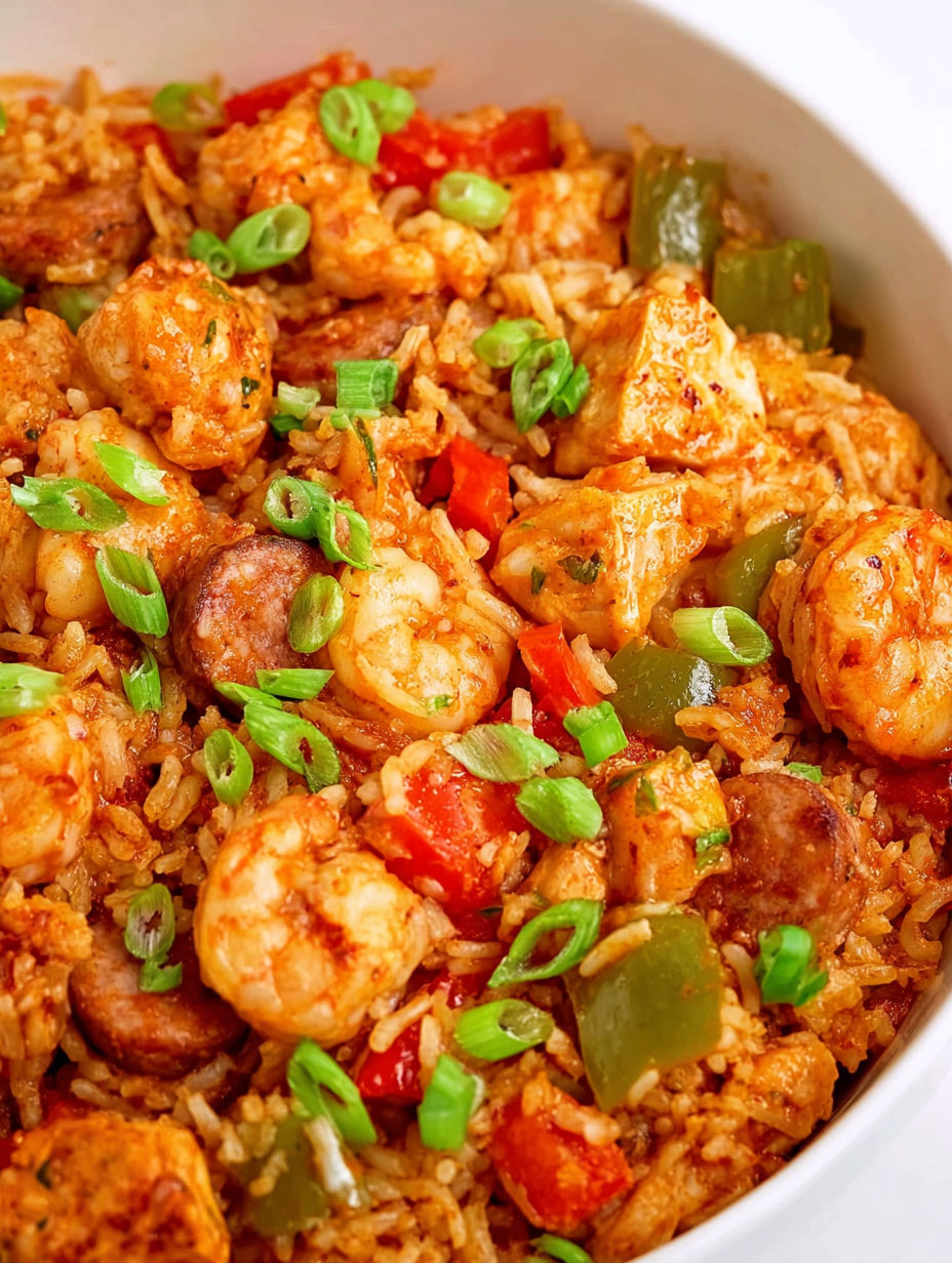 A bowl of jambalaya with shrimp and peppers.