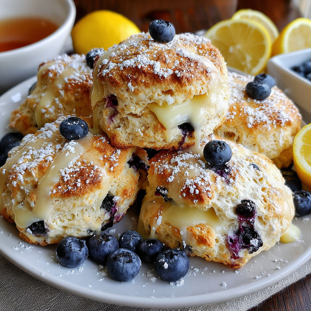 A plate of fluffy blueberry lemon scones.