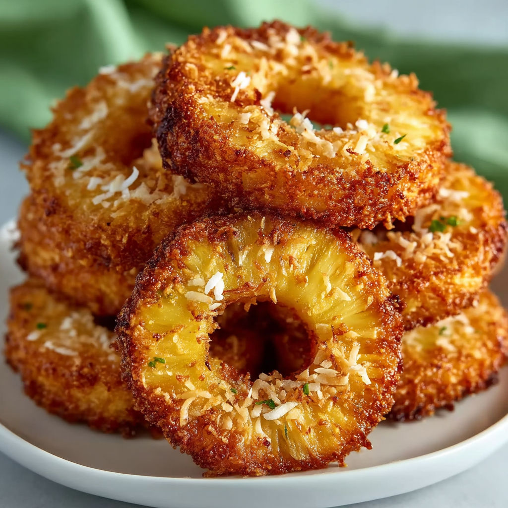 Fried pineapple rings on a plate.