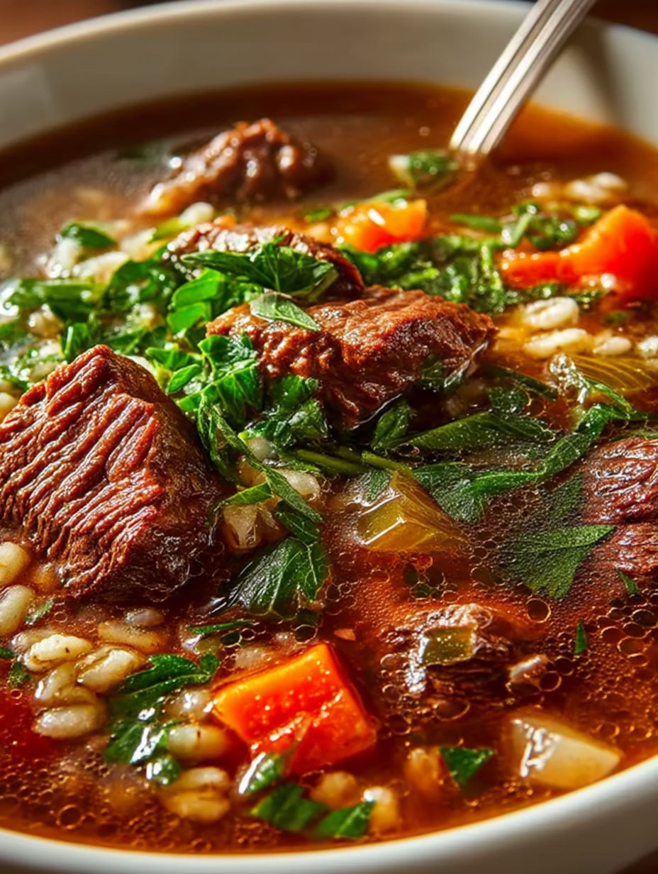 A close up of a beef barley soup.