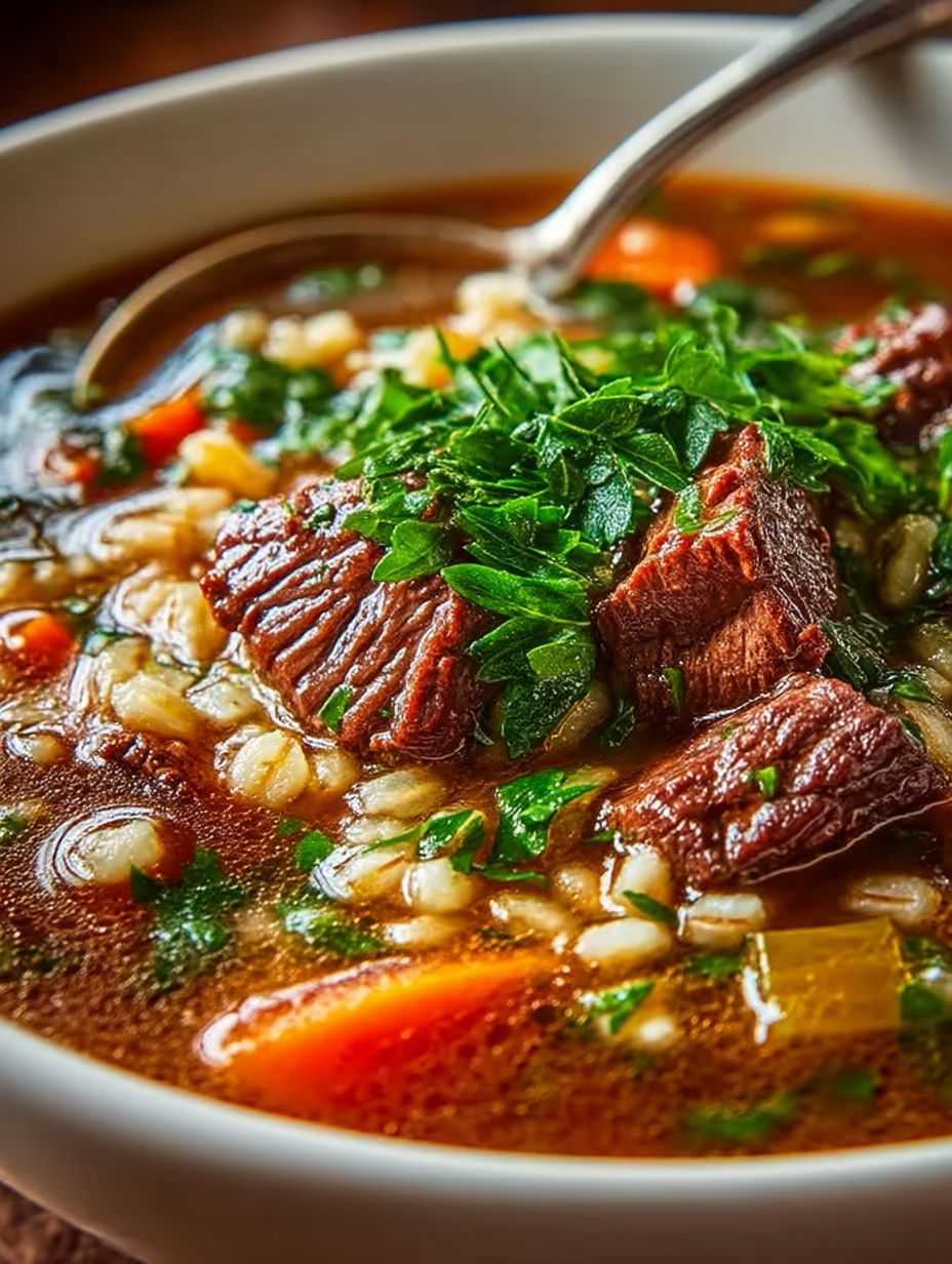 A bowl of beef barley soup with a spoon in it.