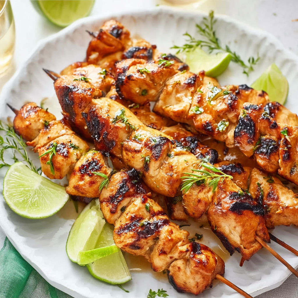 Grilled Honey Lime Chicken Skewers on a white plate.