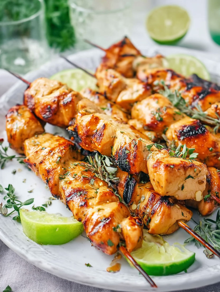 Grilled chicken skewers with honey and lime.