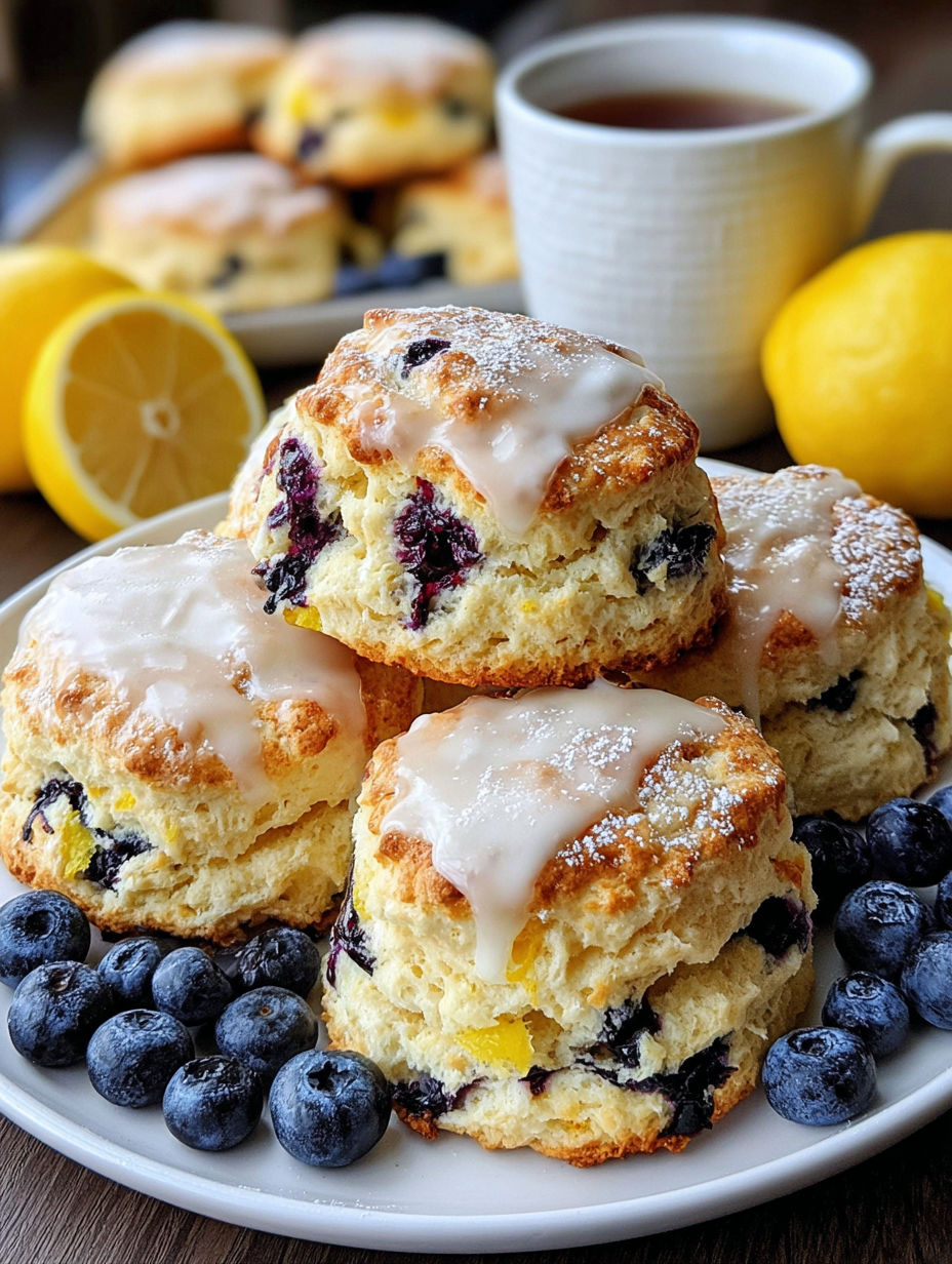 A plate of fluffy blueberry lemon scones.