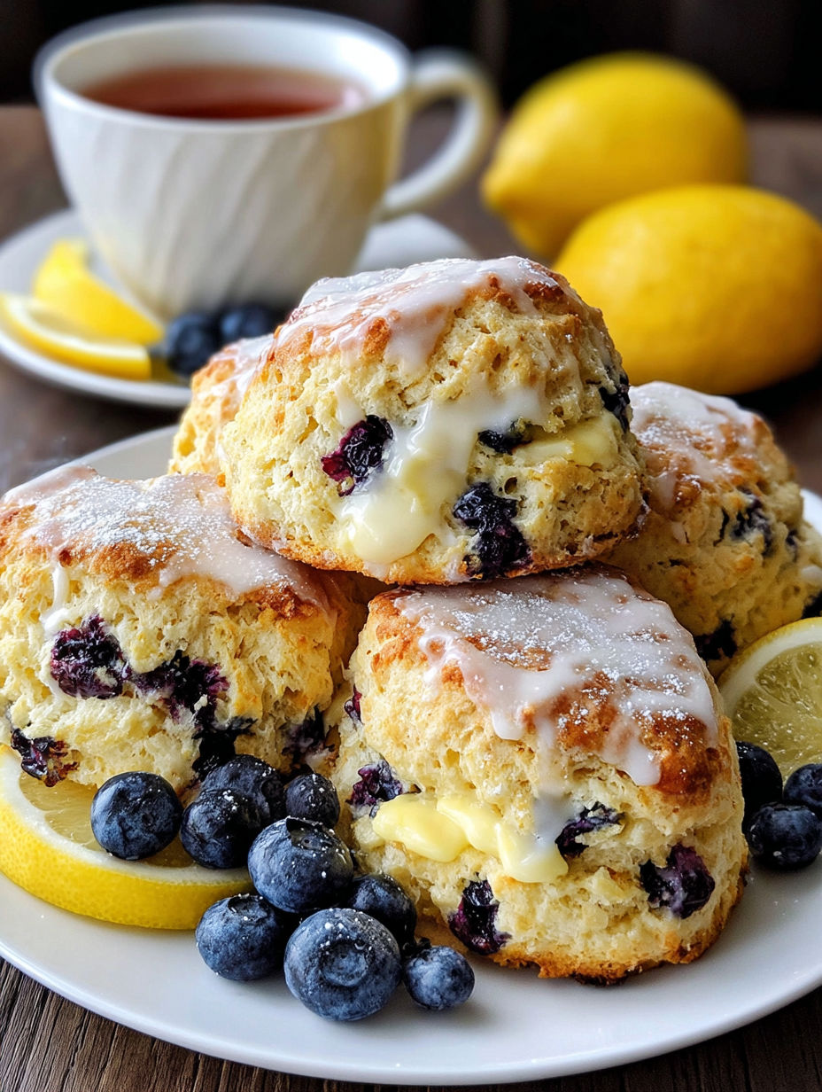 A stack of fluffy blueberry lemon scones.