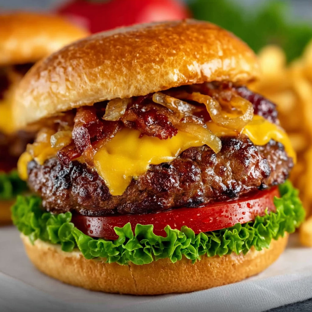 A close up of a grilled bacon cheeseburger.