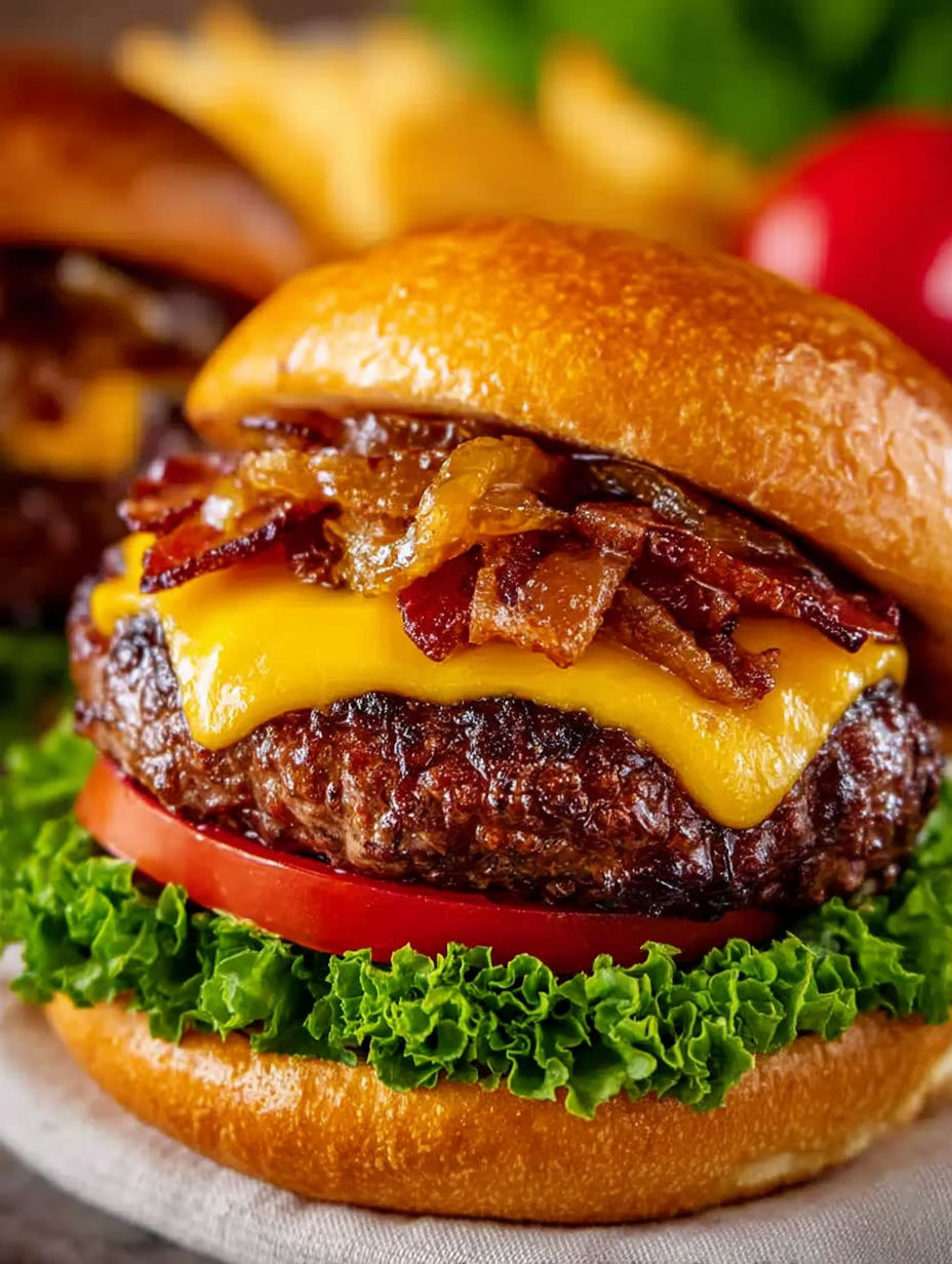 A grilled bacon cheeseburger with lettuce and tomato.