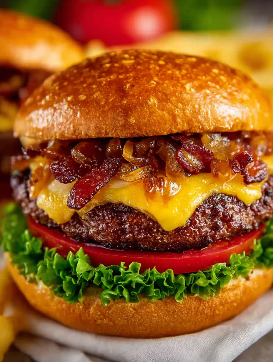 A close up of a grilled bacon cheeseburger.