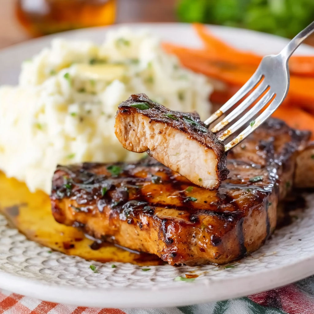 A fork is stuck in a piece of meat.