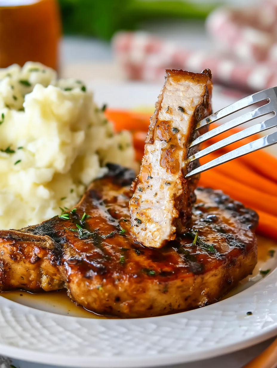 Grilled Balsamic Pork Chops with Mashed Potatoes and Carrots.