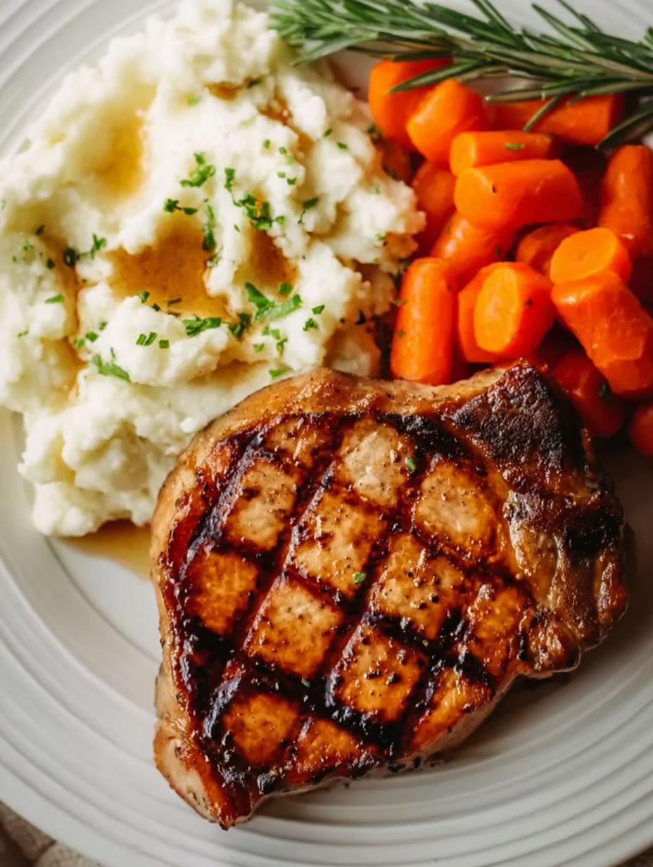 Grilled Balsamic Pork Chops with Mashed Potatoes and Carrots.