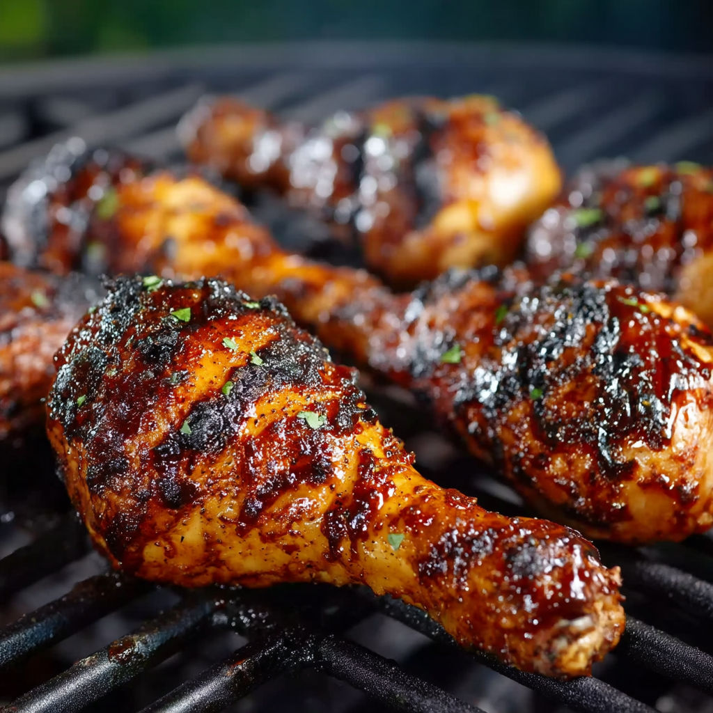 Grilled chicken legs with BBQ sauce.