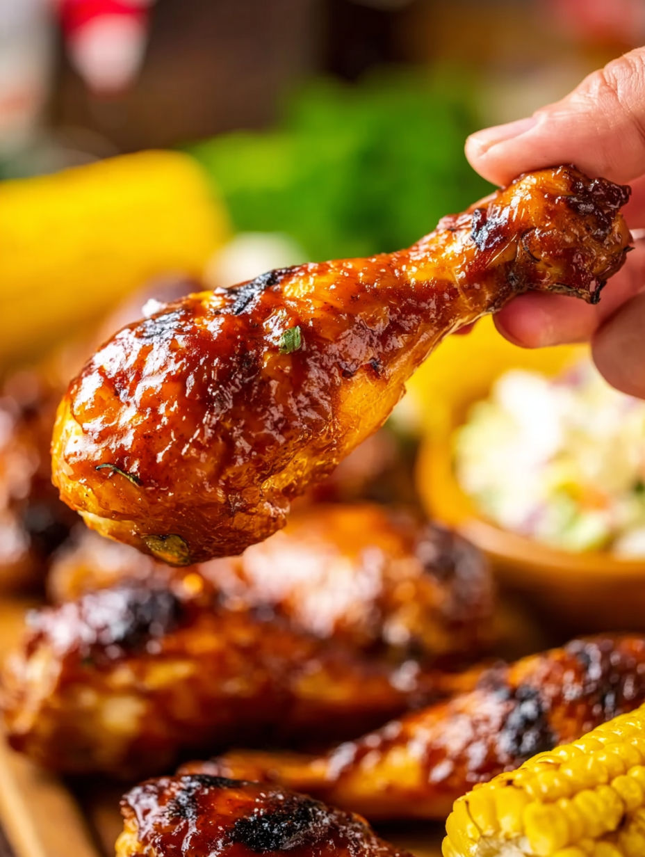 A person is holding a piece of grilled chicken.