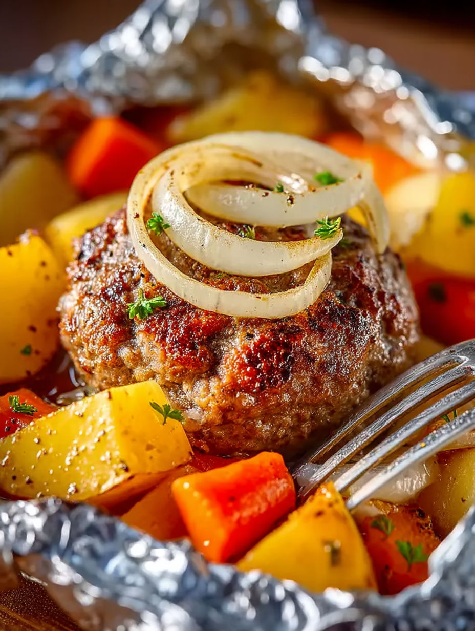 Hamburger with onions and carrots.