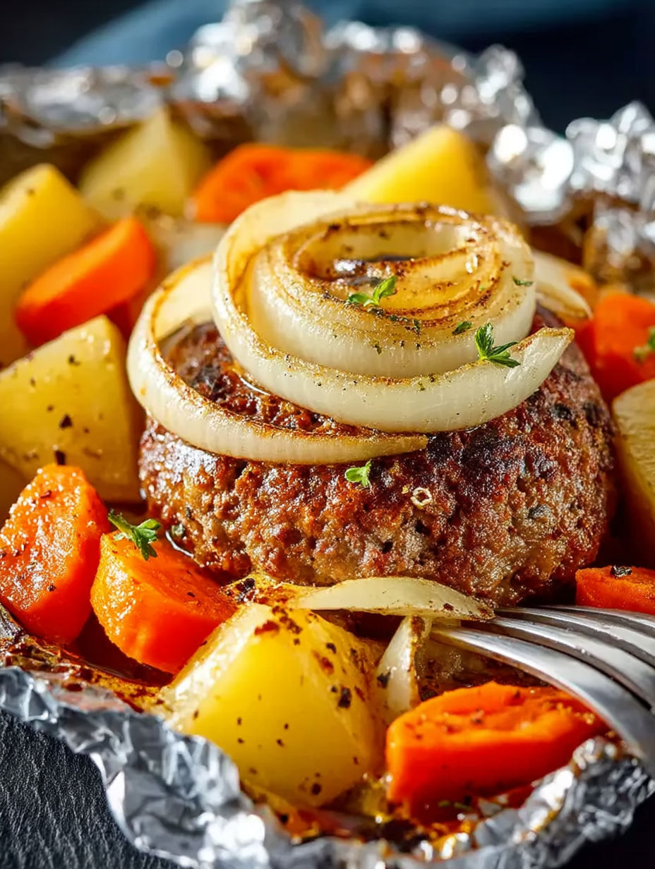 A hamburger with onions and carrots on top.