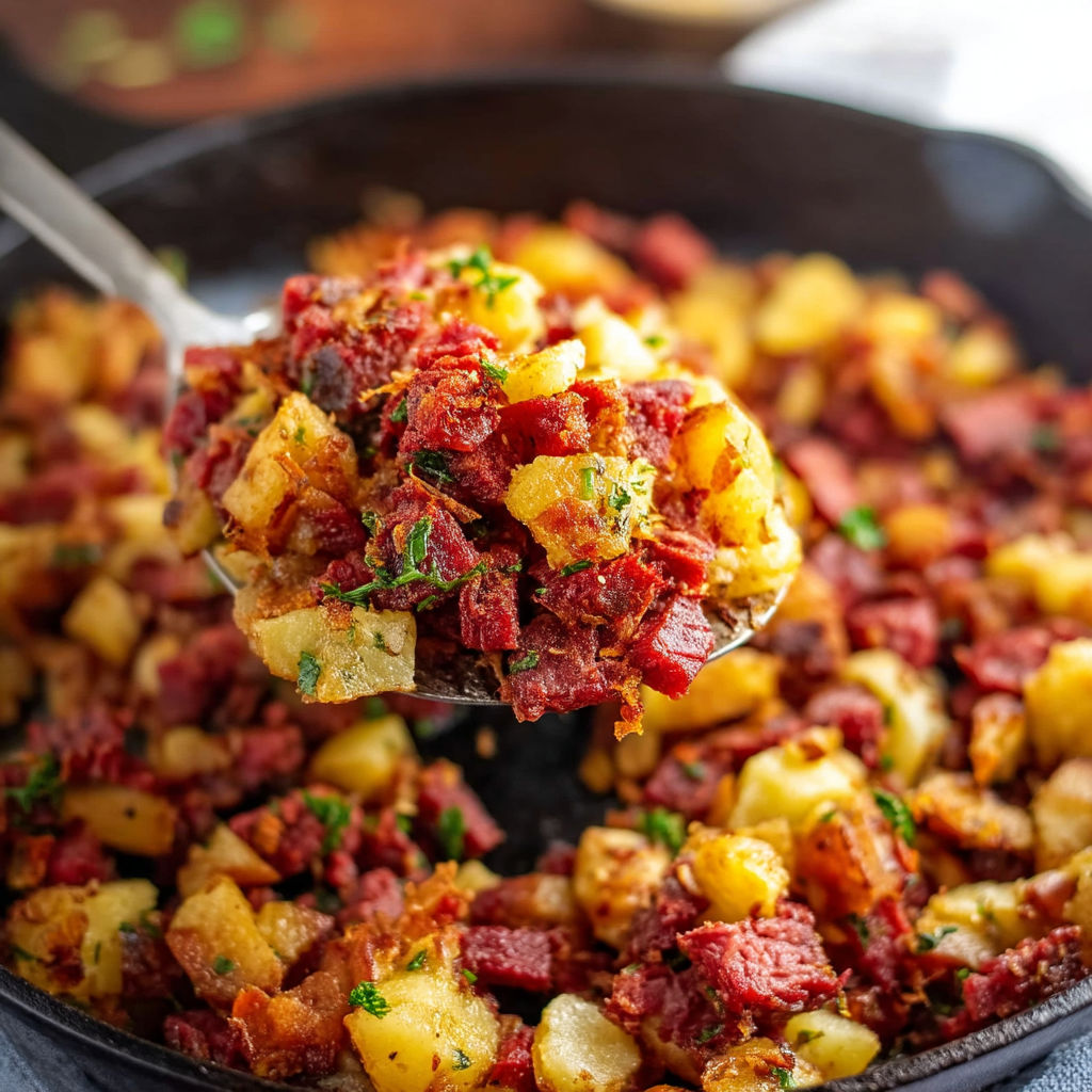 A spoonful of corned beef hash.