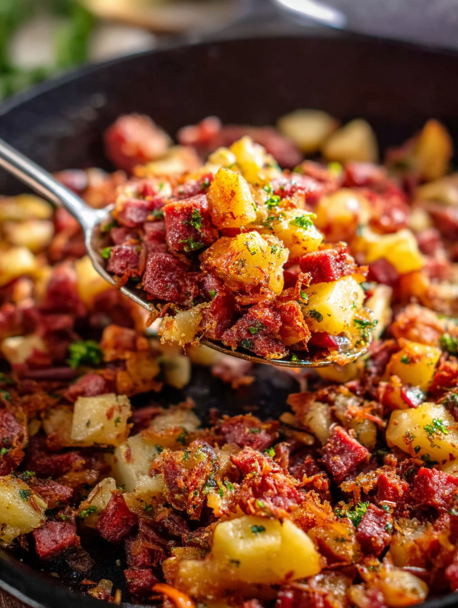 A spoonful of corned beef hash.