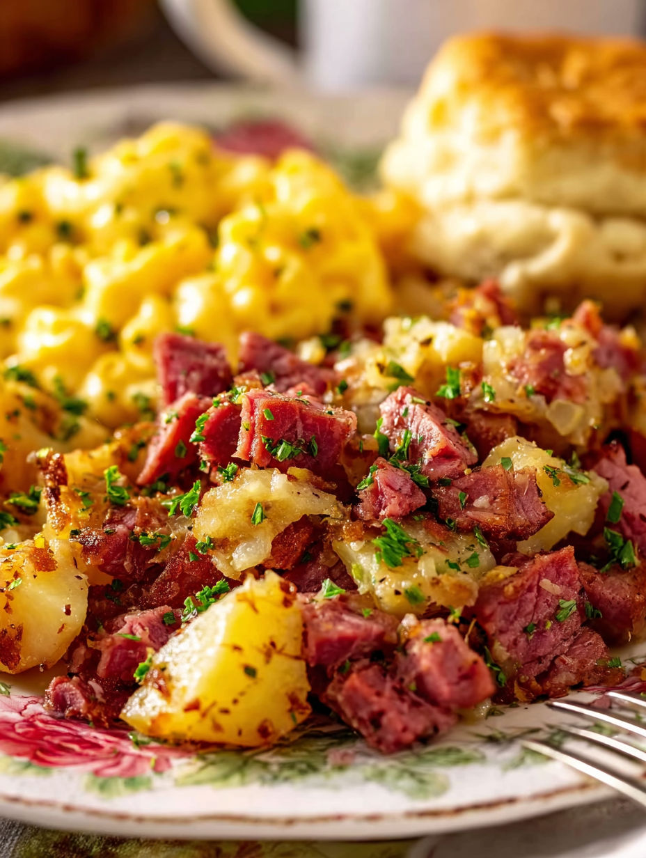 A plate of corned beef hash.