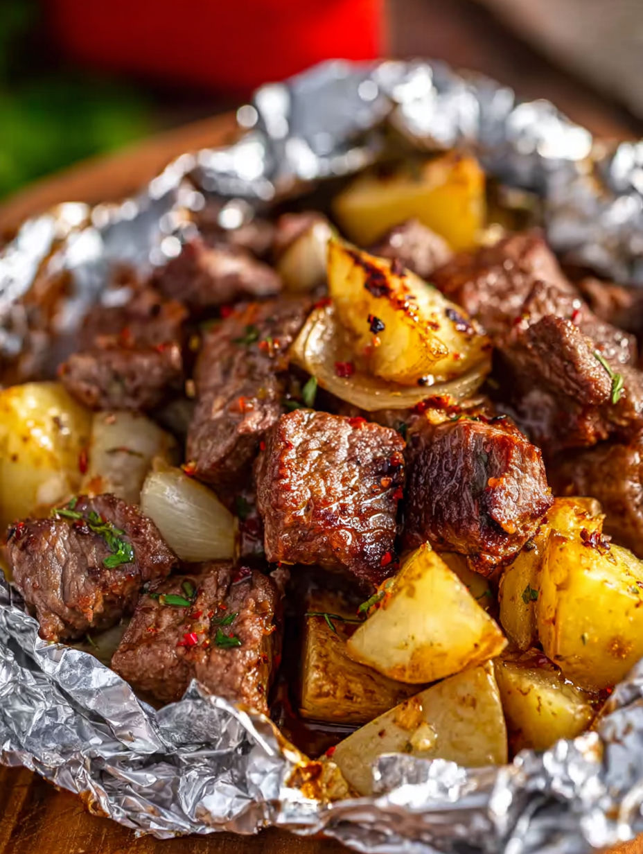 A close up of a grilled steak and potato packets.