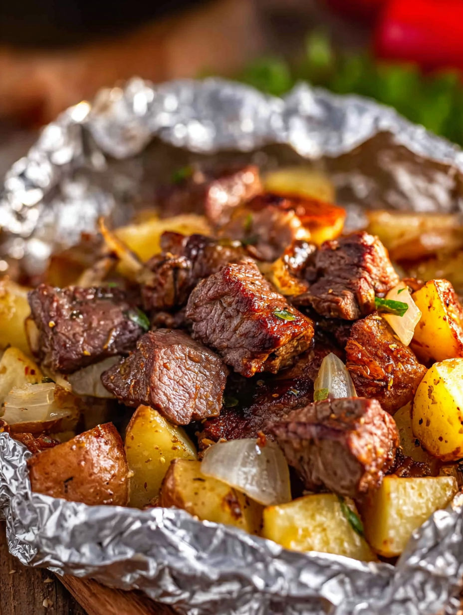 A close up of a grilled steak and potato packets.