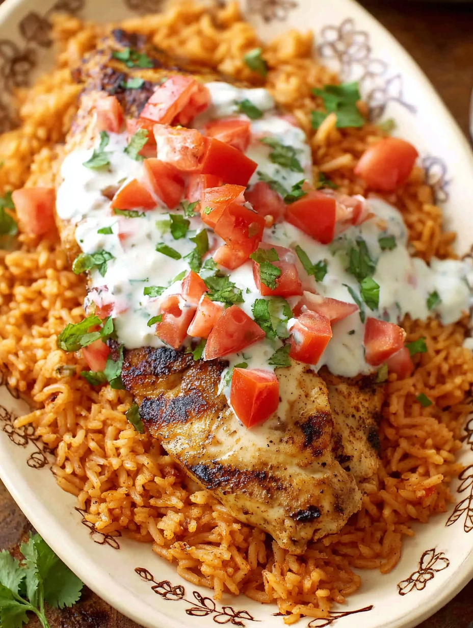 Grilled chicken with tomatoes and white sauce.