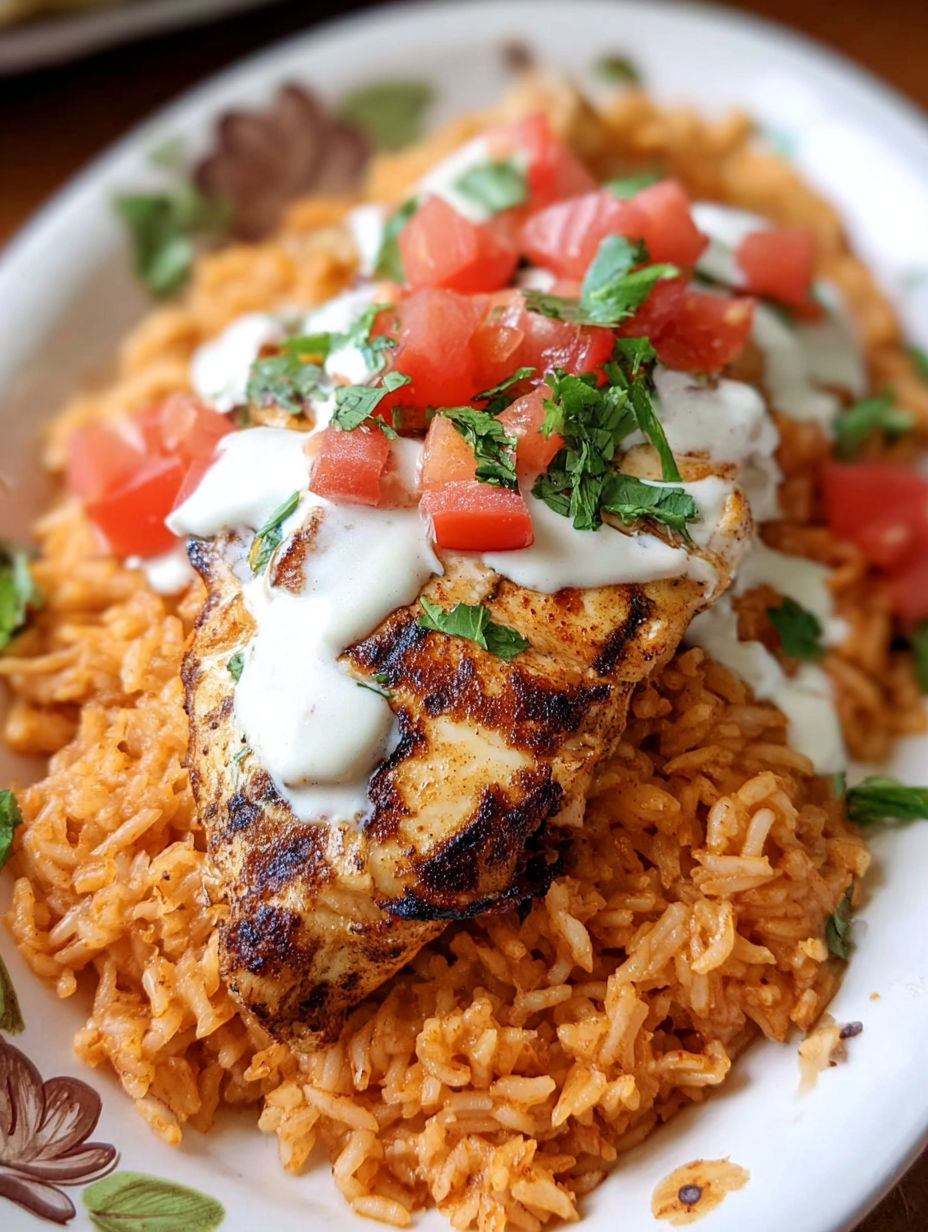 Grilled Pollo Loco with rice and tomatoes.