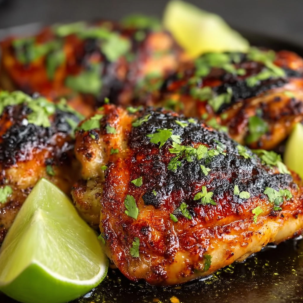 A plate of chicken with cilantro and lime.