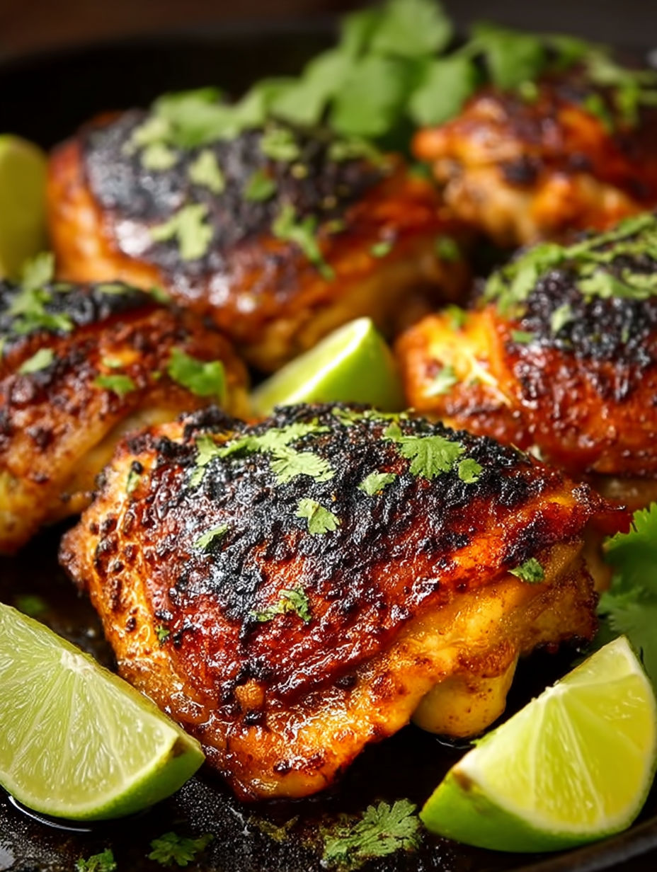 A plate of chicken with cilantro and lime.