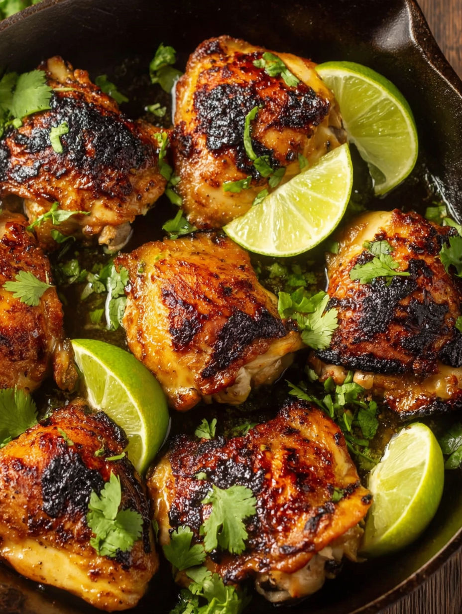 A pan of chicken with lime and cilantro.