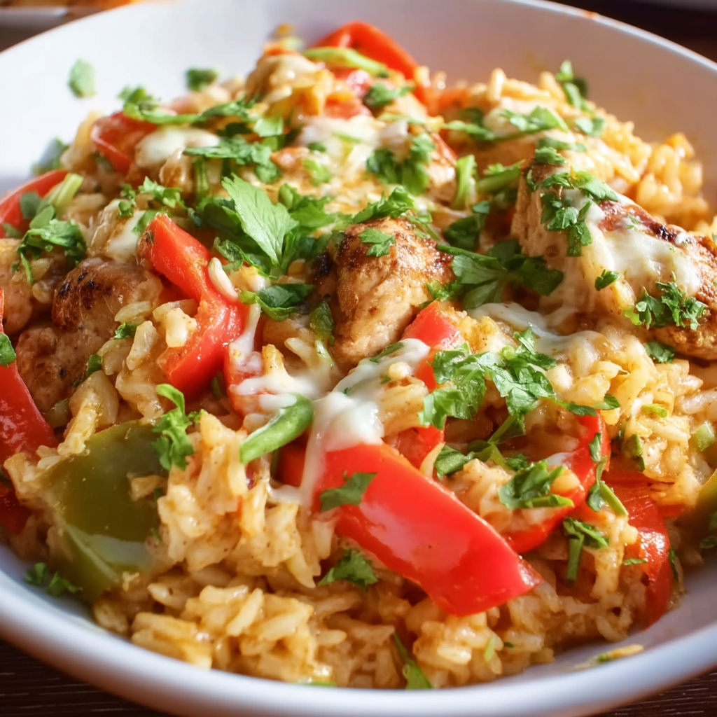 A bowl of rice with chicken and peppers.