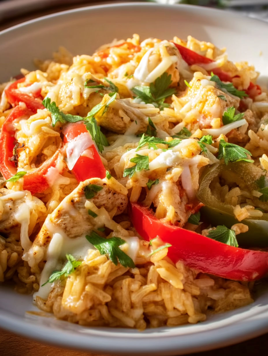 A plate of rice with chicken and peppers.