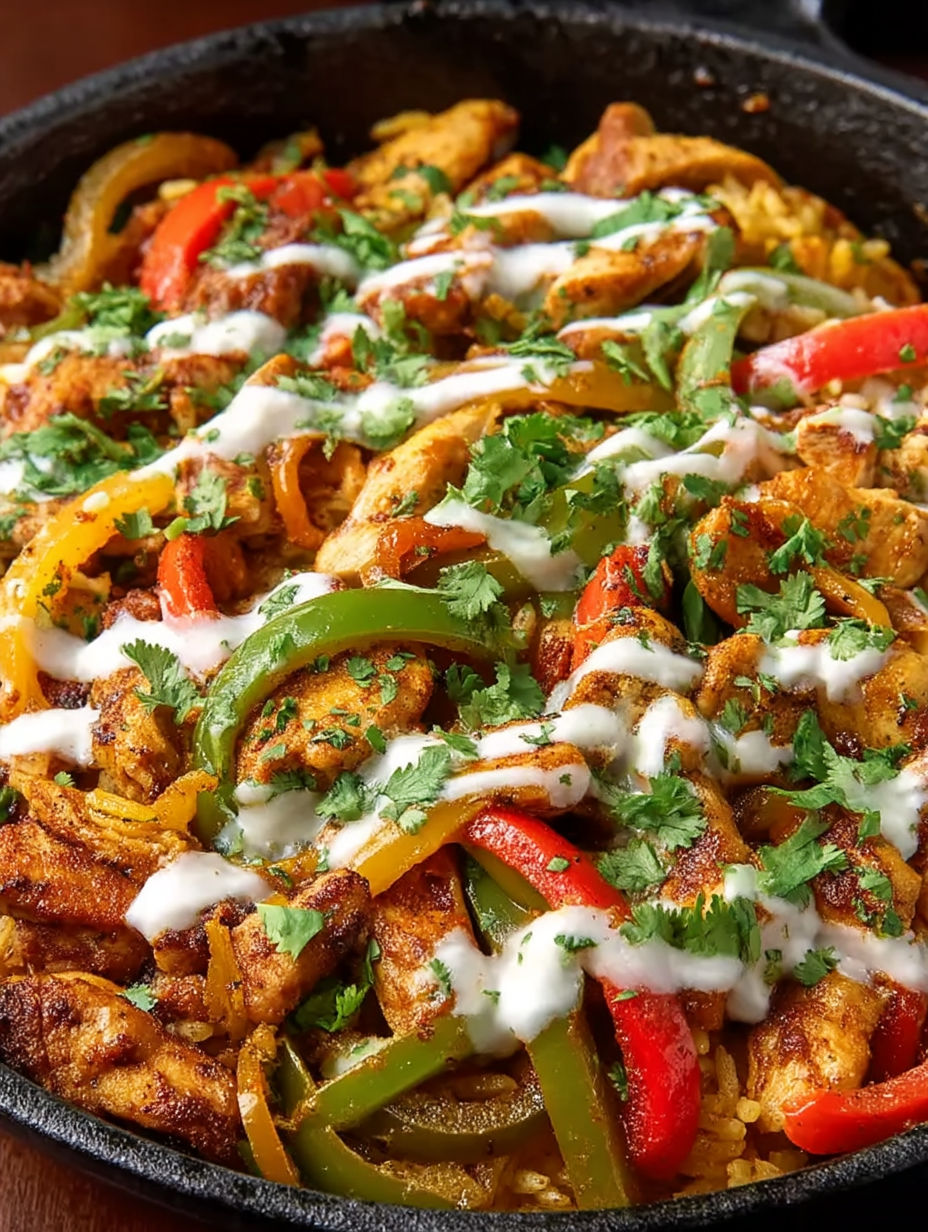 A dish of chicken and peppers with white sauce.
