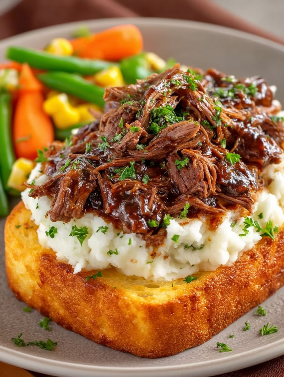 A plate of food with a beef manhattan on a crock pot.