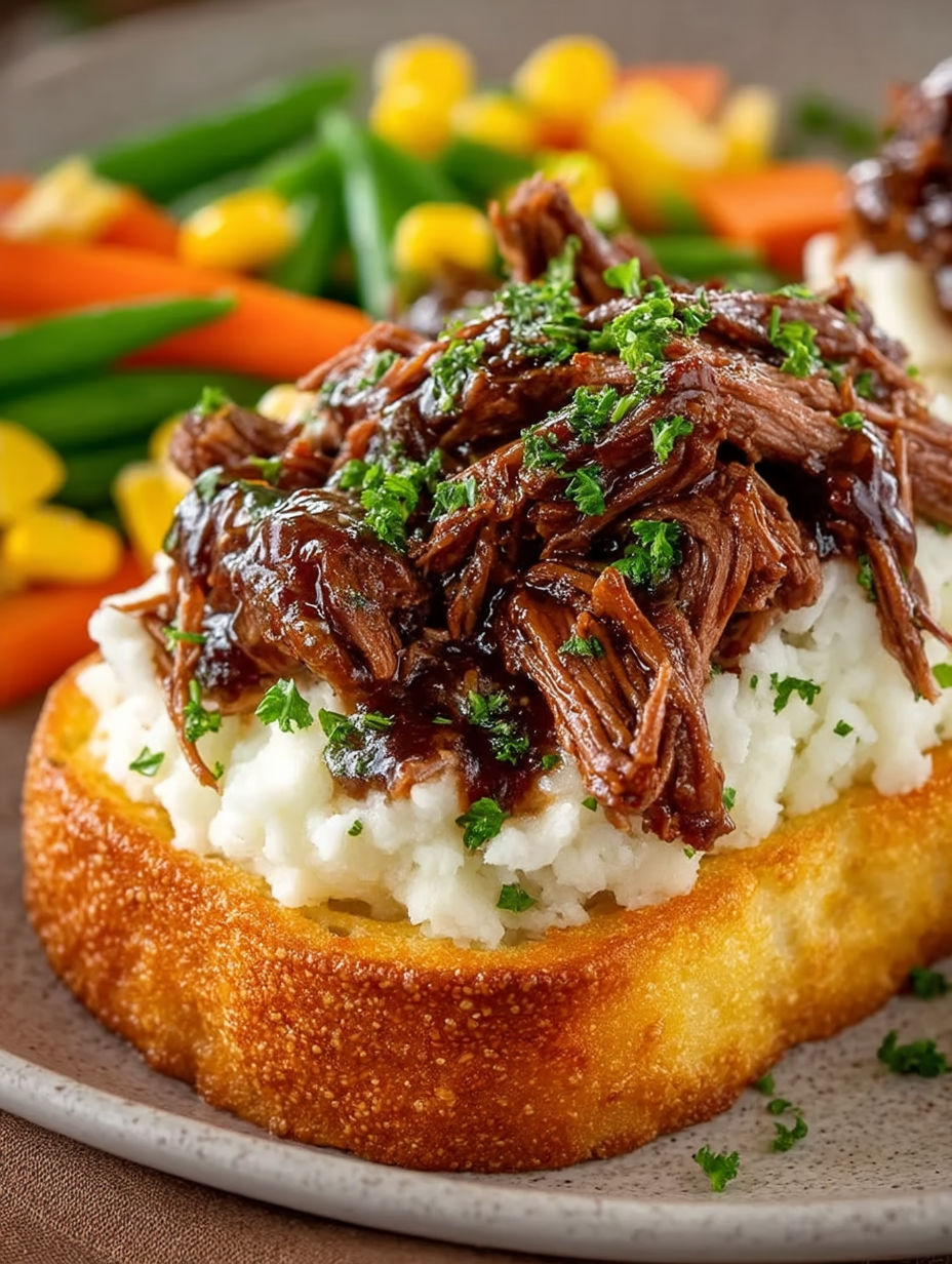 A plate of food with a beef manhattan on a crock pot.