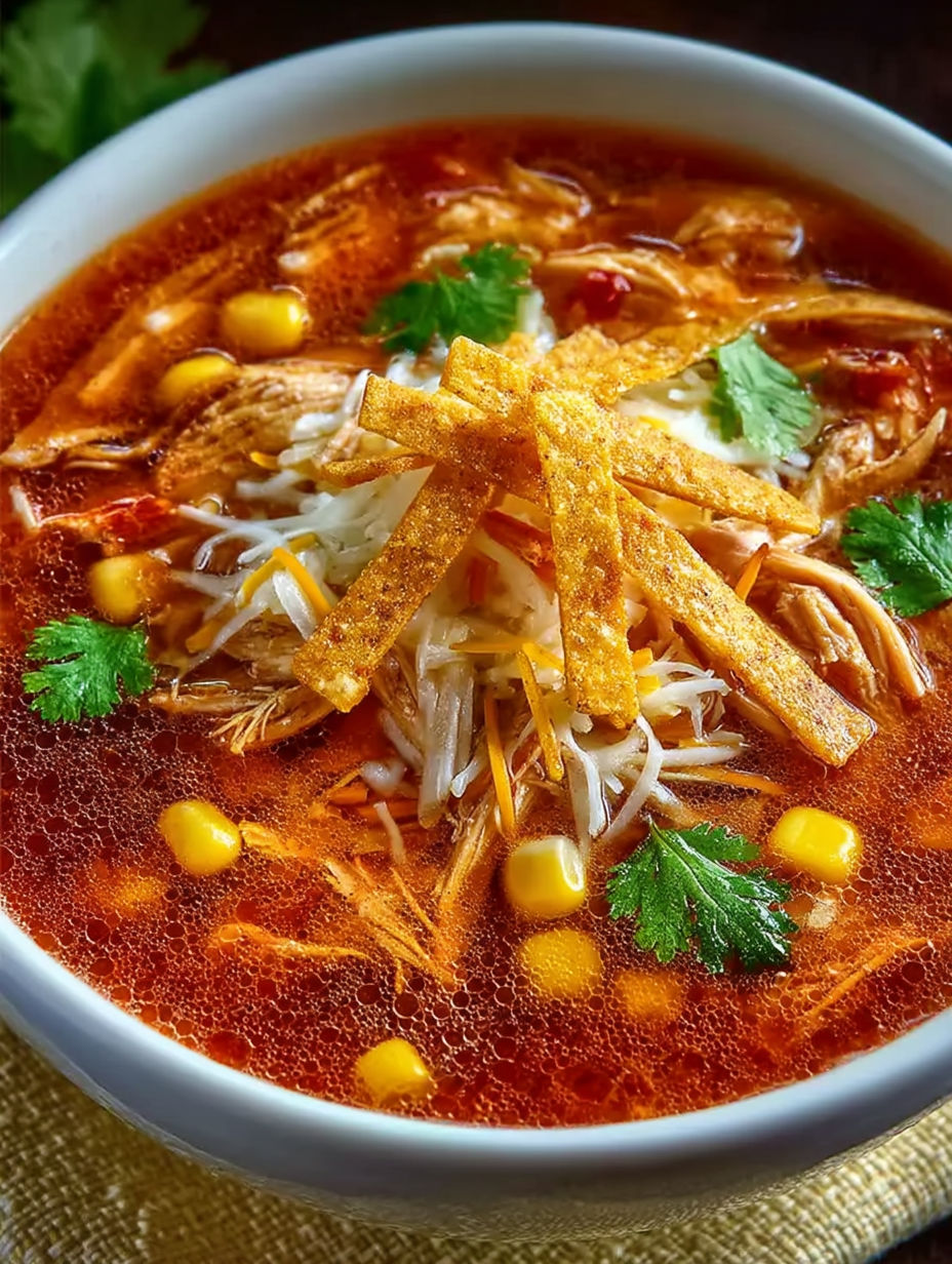 A bowl of chicken tortilla soup with chips on top.