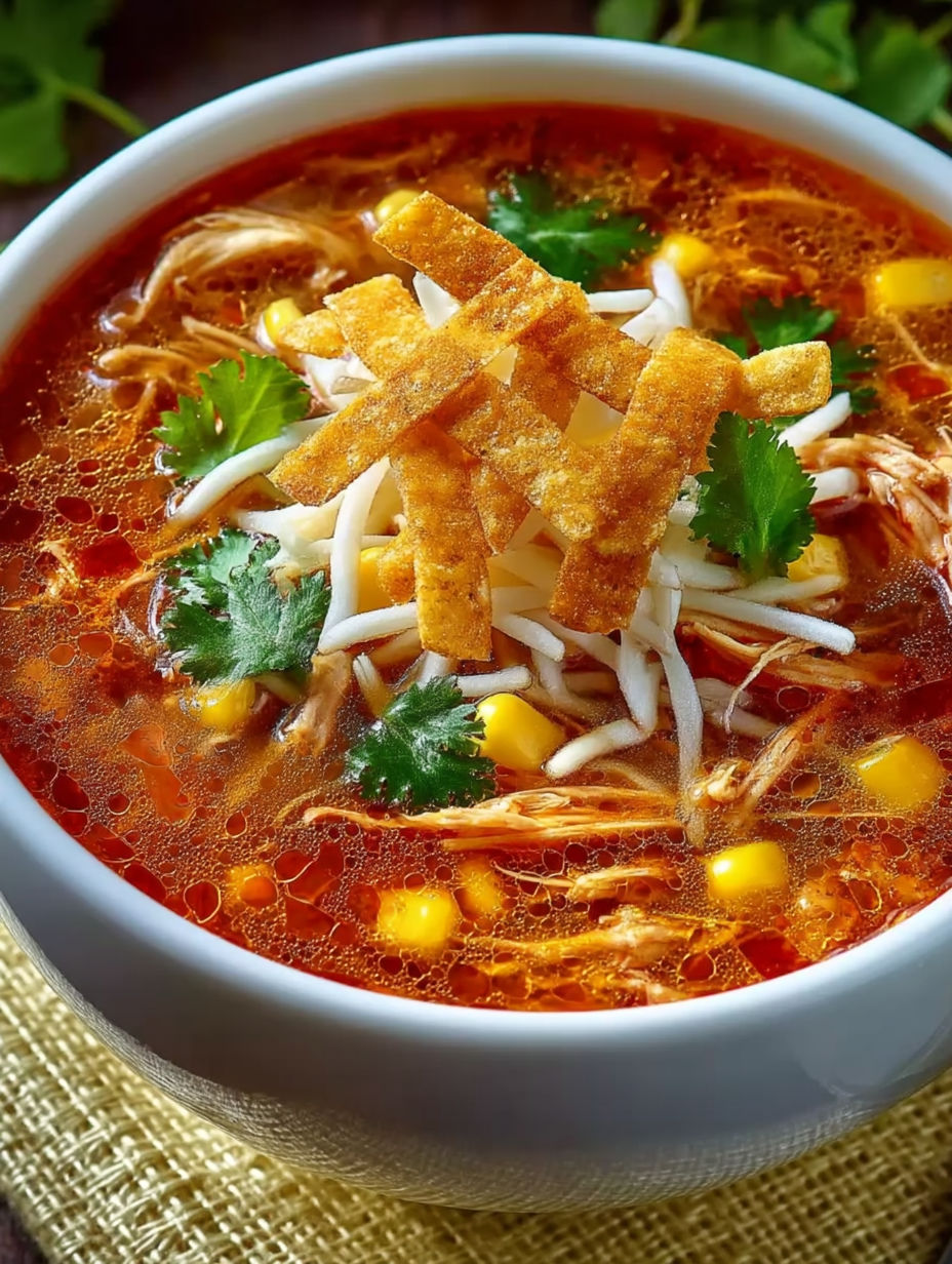 A bowl of chicken tortilla soup with chips on top.