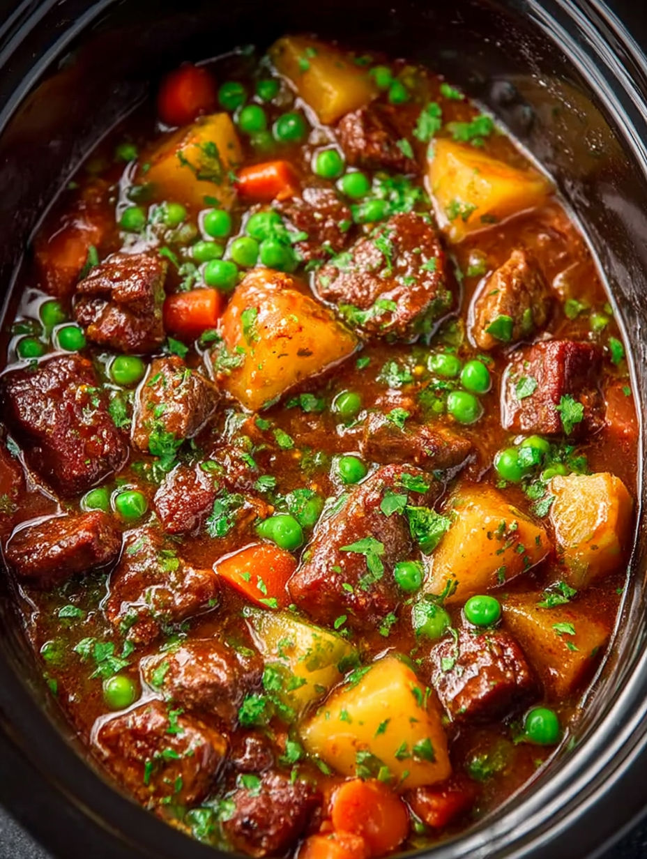 A crock pot filled with beef stew.