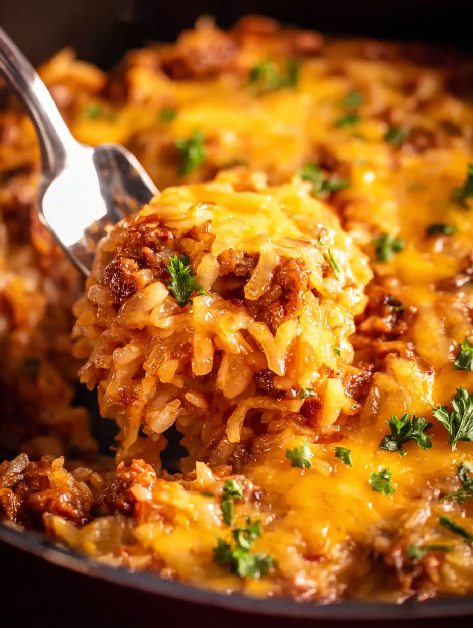 A fork is stuck in a crock pot sloppy joe hash brown casserole.